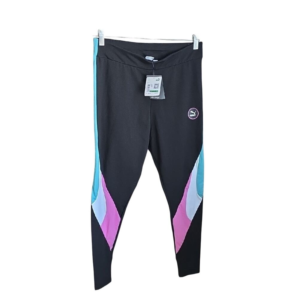 Puma SWxP Leggings Black with Teal and Pink Colorblocky Womens Size Large NWT